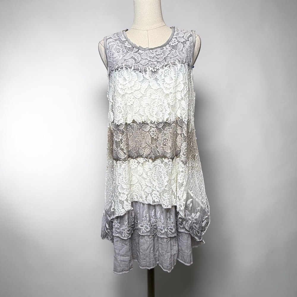The Pyramid Collection Lace Overlay Layered Tank A-line Dress Boho Resort Wear M